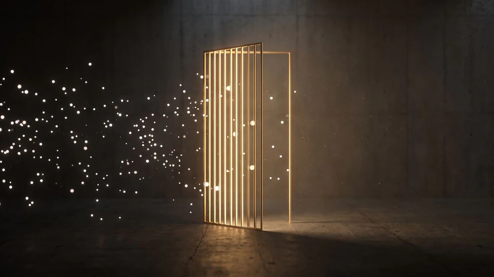 Glowing particles drifting through an open gate made of thin bars of gold light