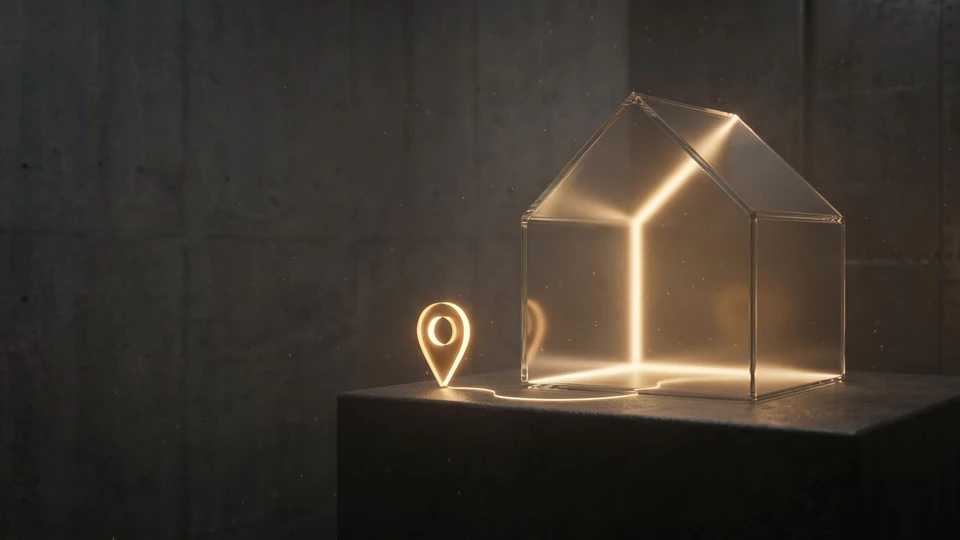 A glowing gold map pin joined by a thread of light to a lit glass house on a concrete plinth