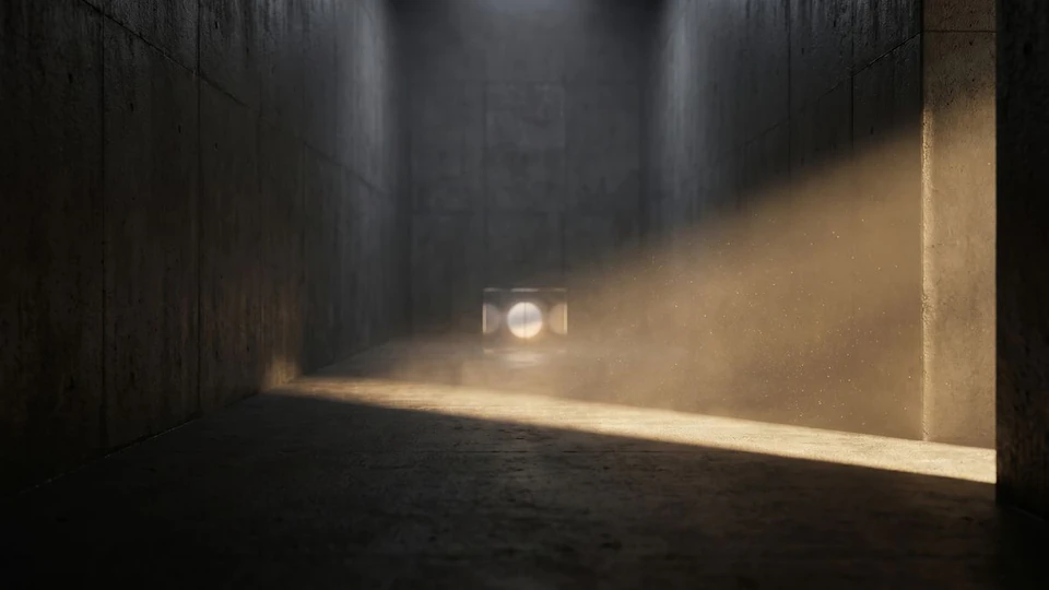 A beam of warm light crossing a dark concrete corridor towards a small glowing glass cube at the far end
