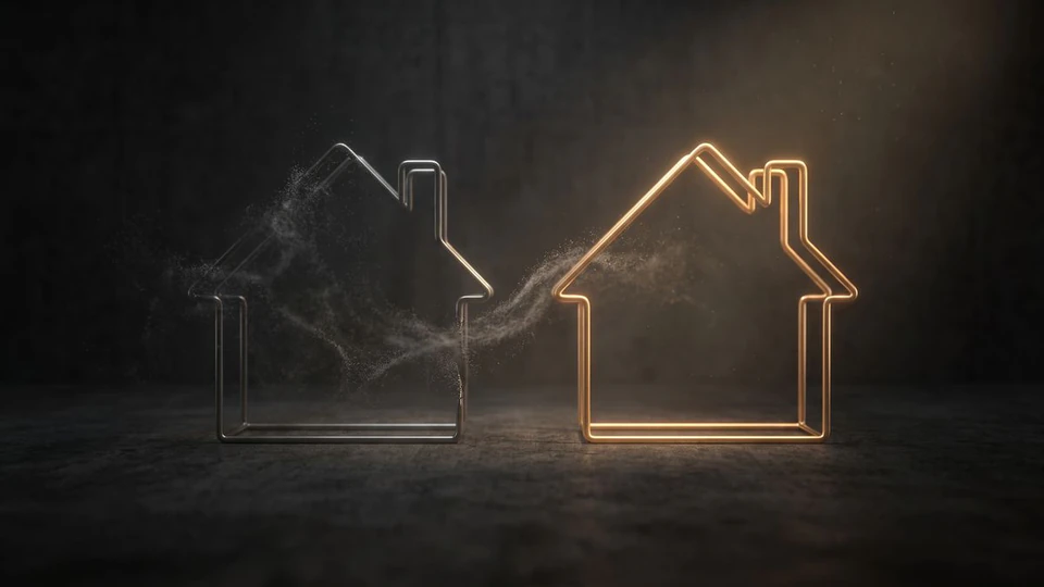 A grey house outline dissolving into particles that drift into a glowing gold house outline