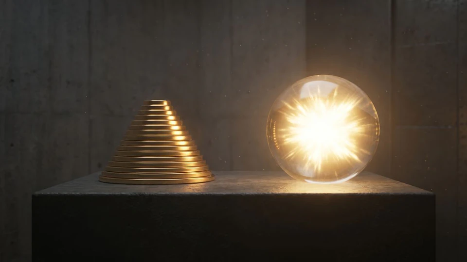 A stack of gold discs beside a glass sphere bursting with light on a concrete plinth