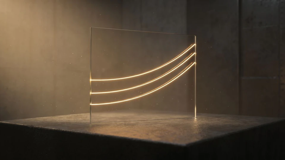 A sheet of glass with three rising lines of gold light standing on a concrete table