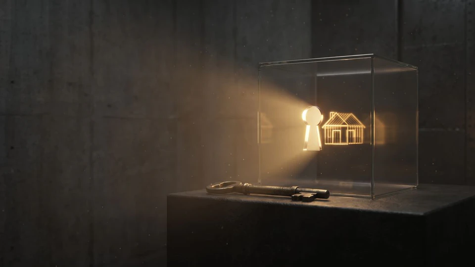 A brass key in front of a glass cube with a glowing keyhole and a small gold wireframe house inside