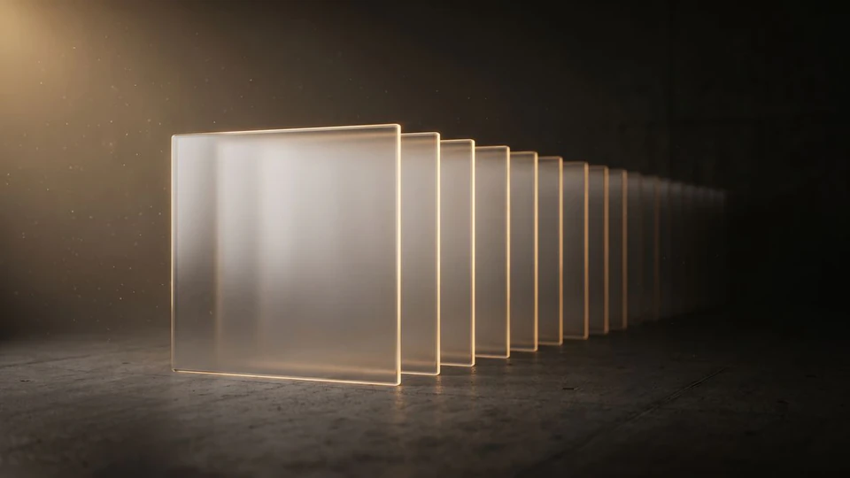 A row of frosted glass panes with glowing gold edges receding into a dark room